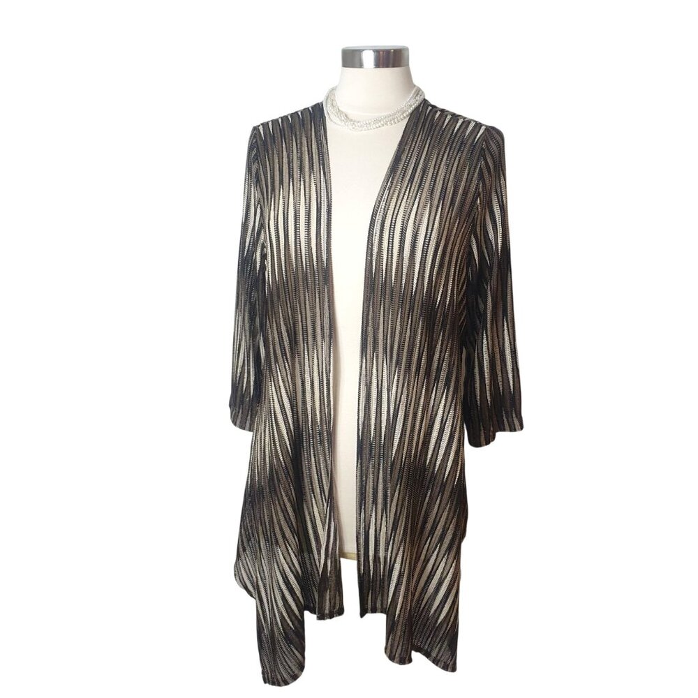 Chicos Travelers Collection Size 2 Open-Front Cardigan Jacket Black Brown Stripe